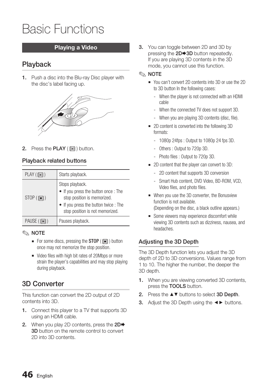 Basic functions, Playing a video, Playback | 3d converter | Samsung BD-D6700 User Manual | Page 46 / 75