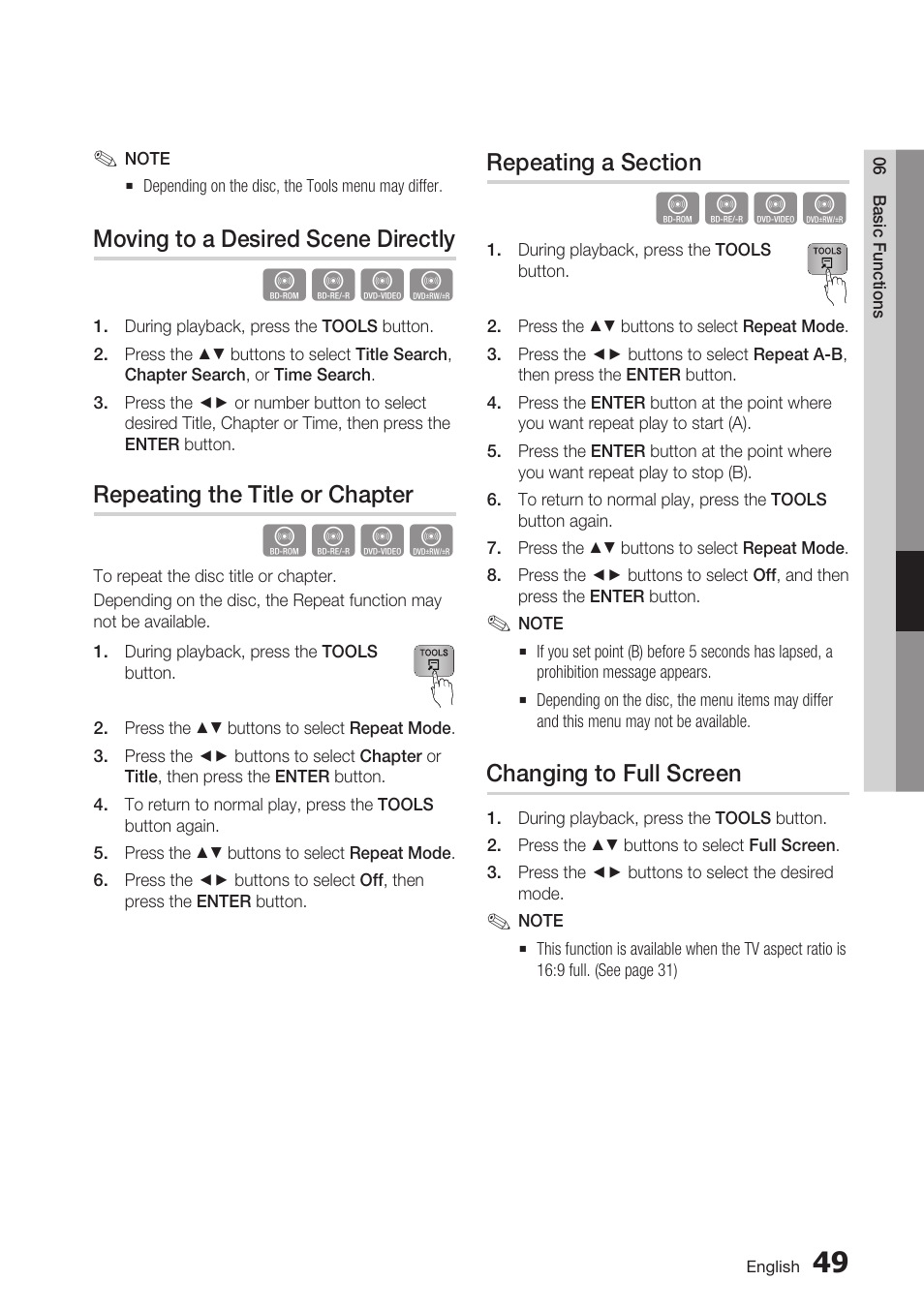 Moving to a desired scene directly, Repeating the title or chapter, Repeating a section | Changing to full screen | Samsung BD-D6700 User Manual | Page 49 / 75