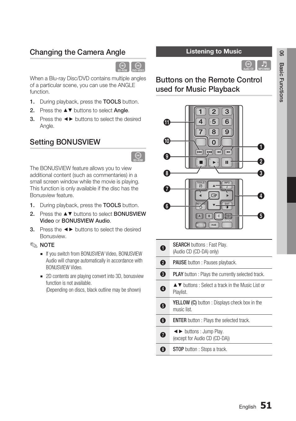 Changing the camera angle, Setting bonusview, Listening to music | Samsung BD-D6700 User Manual | Page 51 / 75