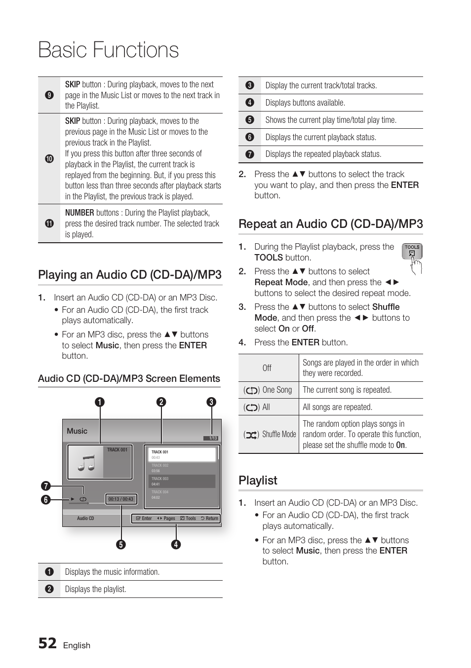Playing an audio cd (cd-da)/mp3, Repeat an audio cd (cd-da)/mp3, Playlist | Basic functions | Samsung BD-D6700 User Manual | Page 52 / 75