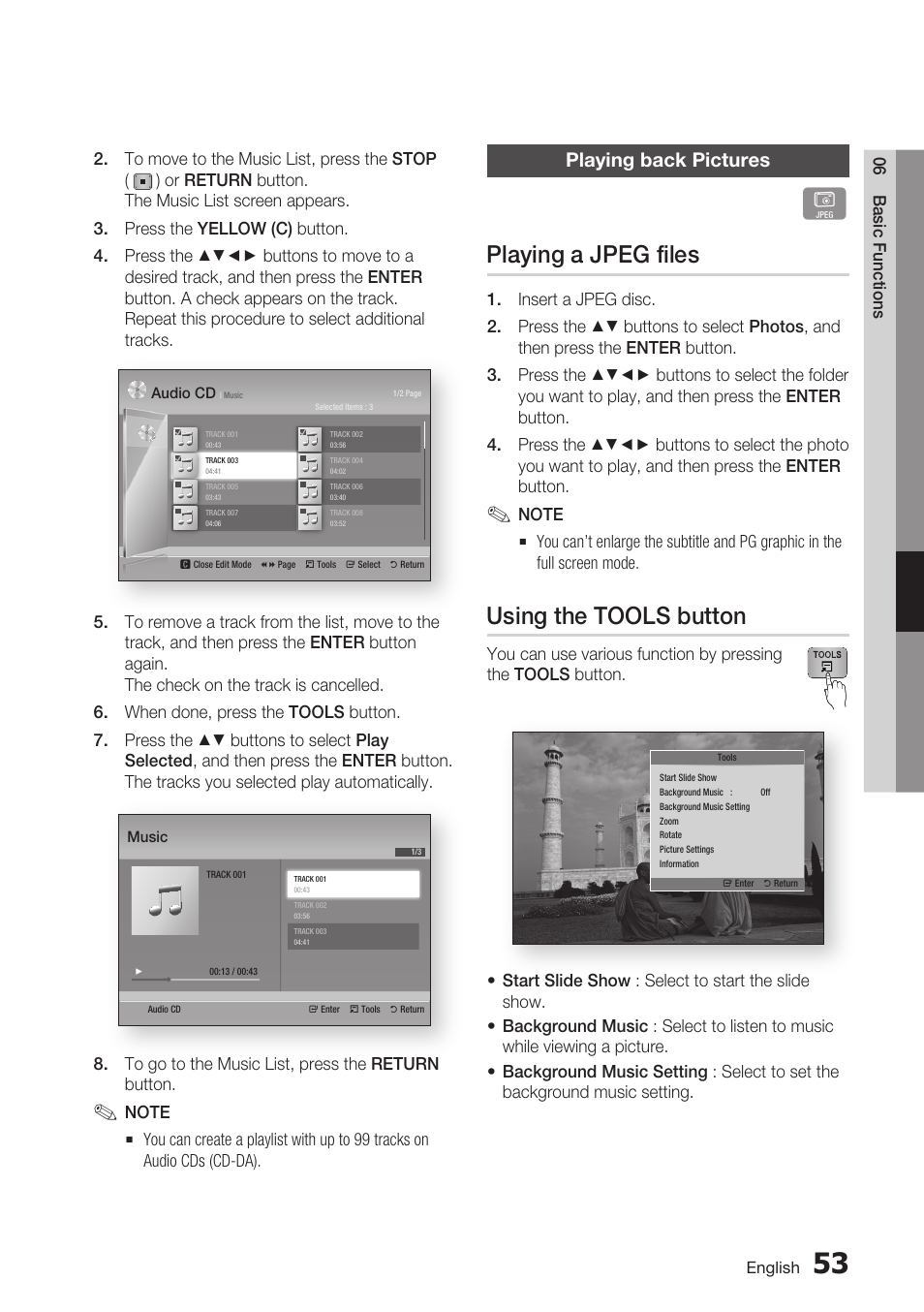 Playing back pictures, Playing a jpeg files, Using the tools button | Samsung BD-D6700 User Manual | Page 53 / 75