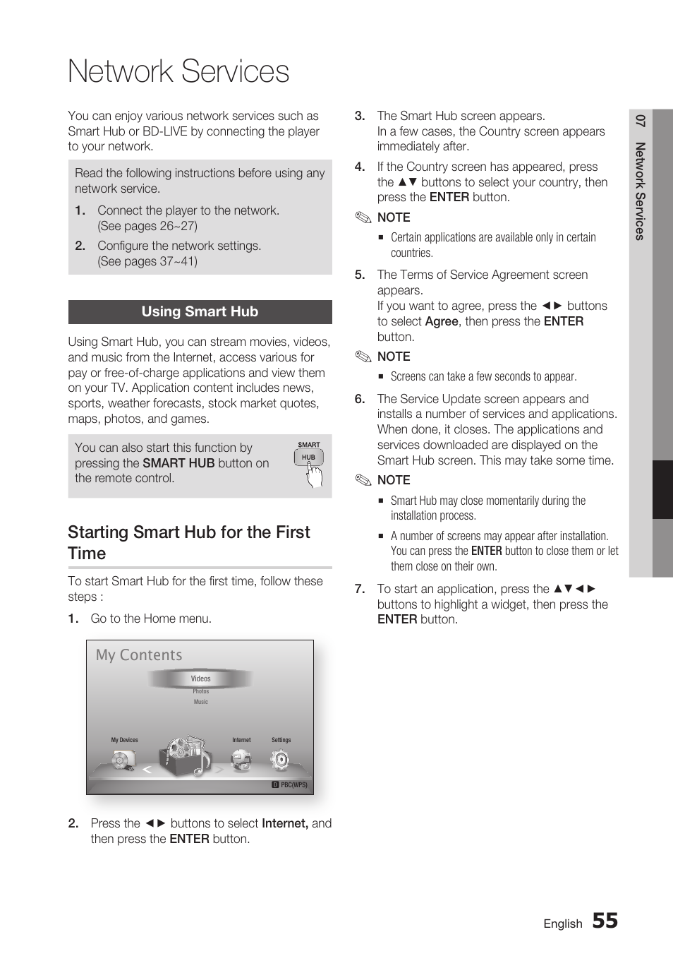 Network services, Using smart hub, Starting smart hub for the first time | Samsung BD-D6700 User Manual | Page 55 / 75