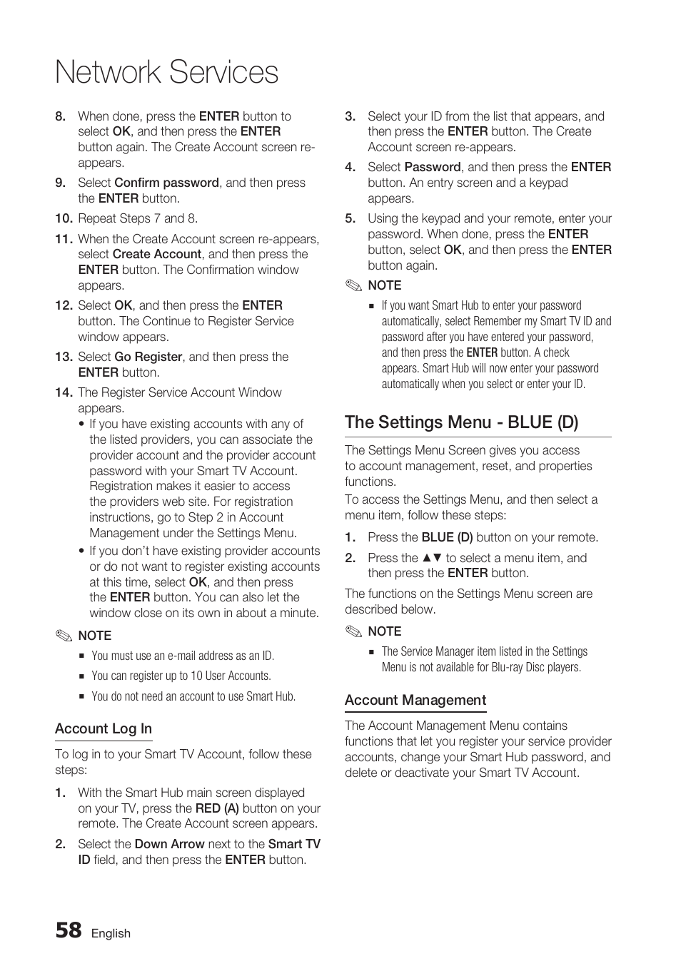 The settings menu - blue (d), Network services | Samsung BD-D6700 User Manual | Page 58 / 75