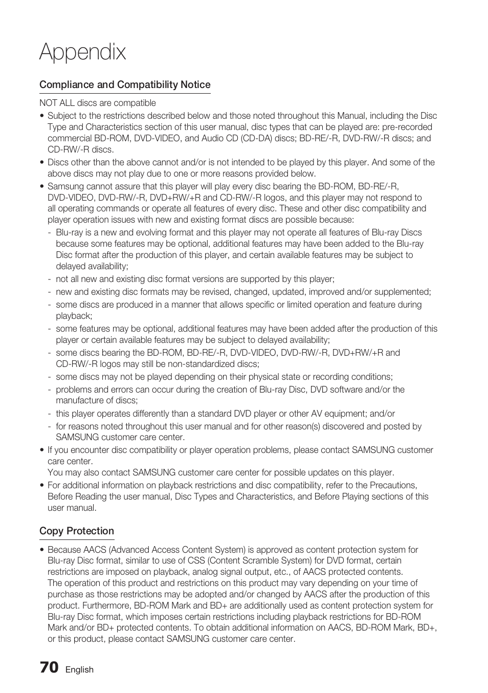 Appendix | Samsung BD-D6700 User Manual | Page 70 / 75