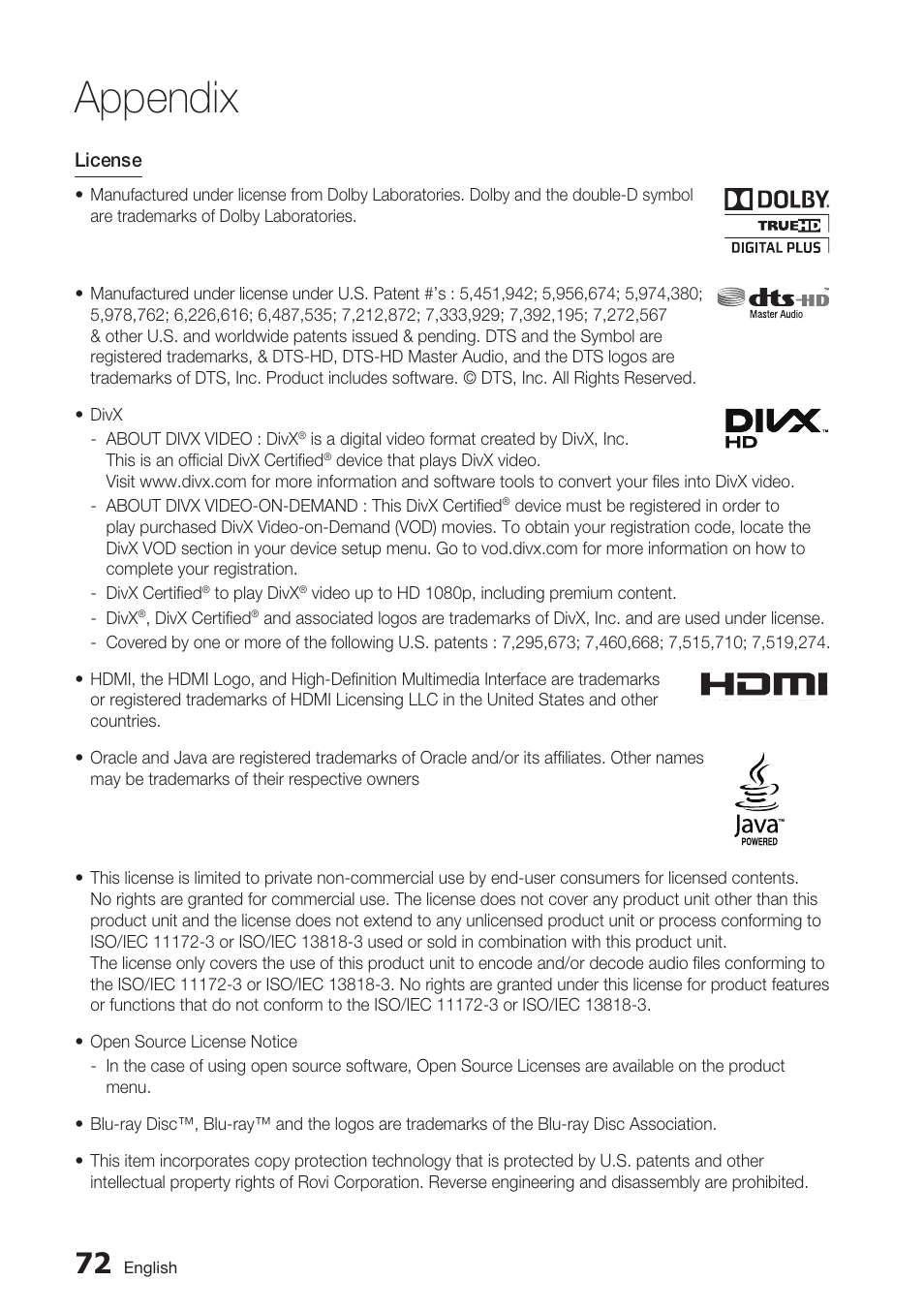 Appendix | Samsung BD-D6700 User Manual | Page 72 / 75