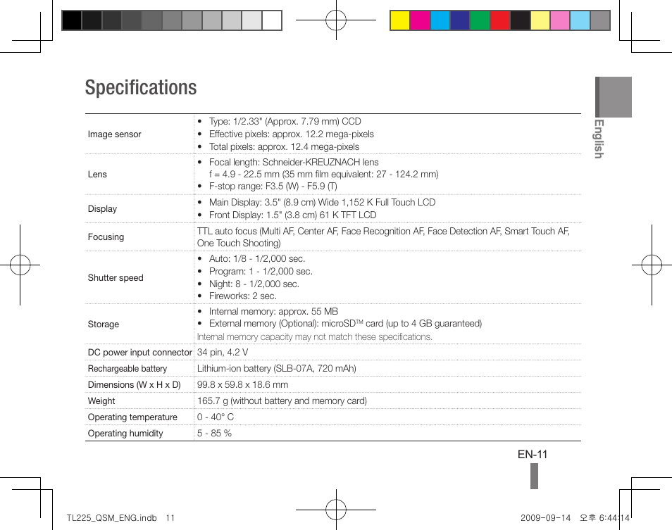 Specifications, English | Samsung DualView TL225 User Manual | Page 11 / 24