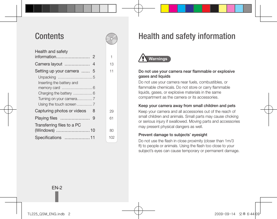 Health and safety information contents | Samsung DualView TL225 User Manual | Page 2 / 24