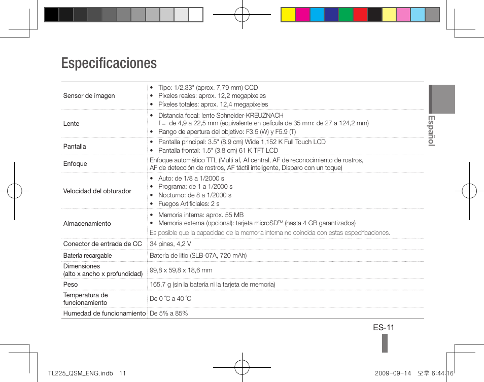 Especificaciones | Samsung DualView TL225 User Manual | Page 21 / 24