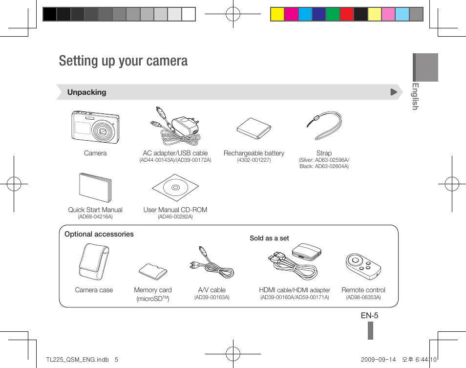 Setting up your camera, English | Samsung DualView TL225 User Manual | Page 5 / 24