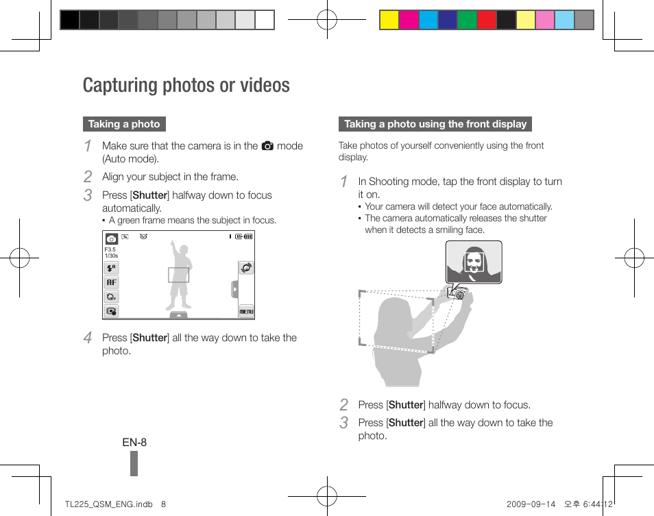 Capturing photos or videos | Samsung DualView TL225 User Manual | Page 8 / 24