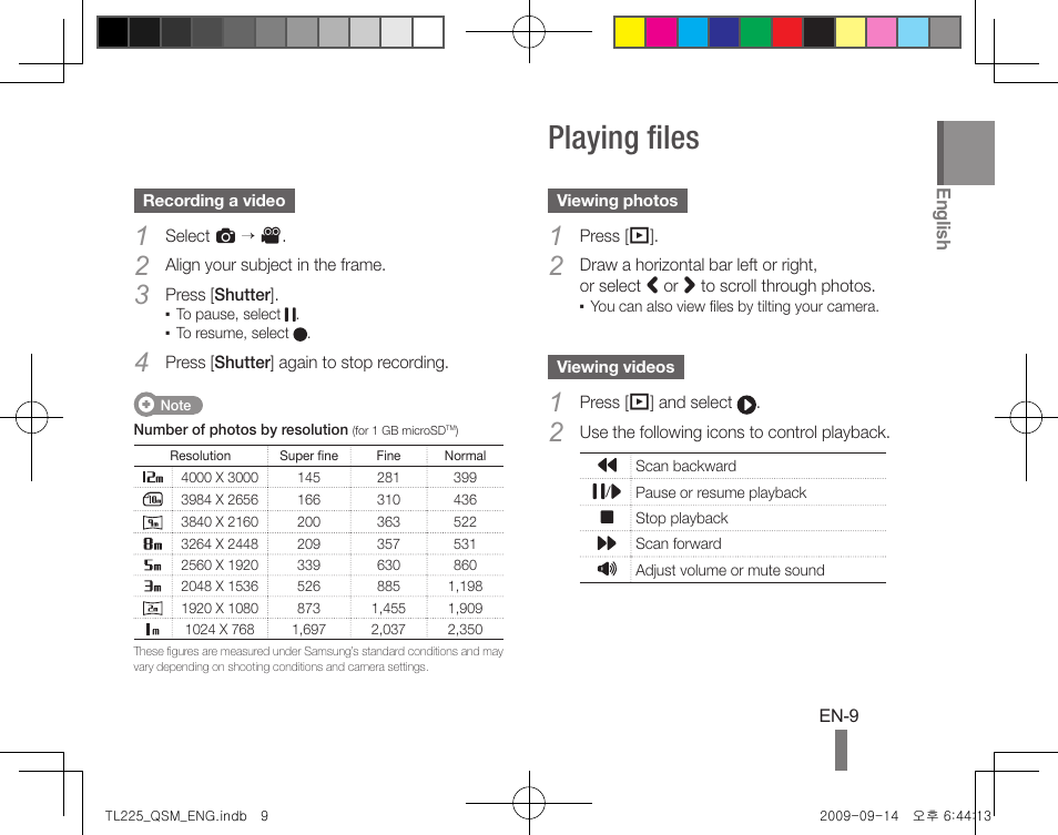 Playing files | Samsung DualView TL225 User Manual | Page 9 / 24