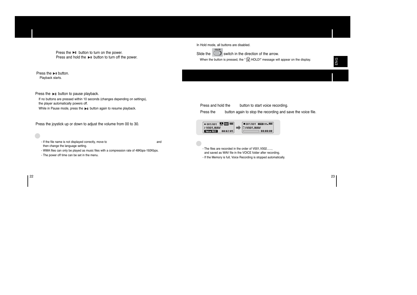 Basic usage, Playing music and turning off the device, Hold function | Recording voice | Samsung AH68-01633B User Manual | Page 12 / 25
