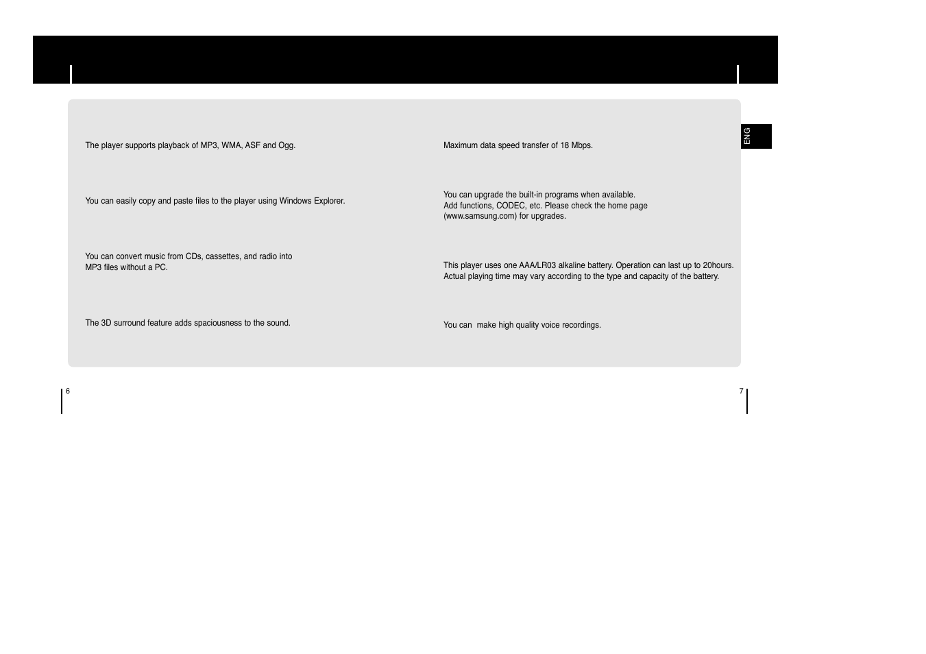 Features, Mp3, wma , asf and ogg playback, Removable storage device | Direct mp3 recording, 3d sound, Usb 2.0 support, Upgradable, 20 hours of continuous play, Voice recording function | Samsung AH68-01633B User Manual | Page 4 / 25