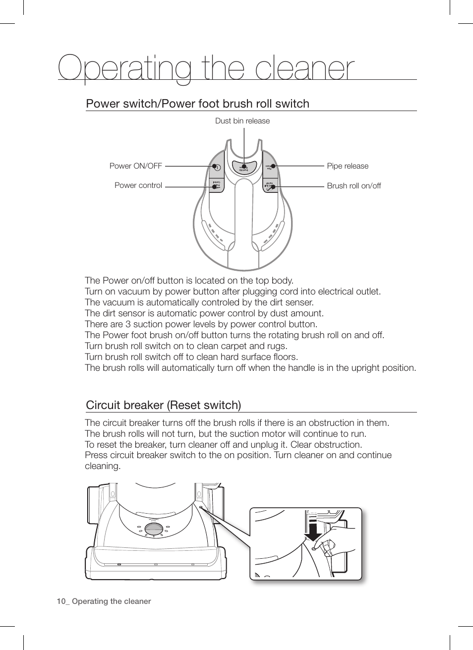 Operating the cleaner | Samsung DJ68-00264B User Manual | Page 10 / 20