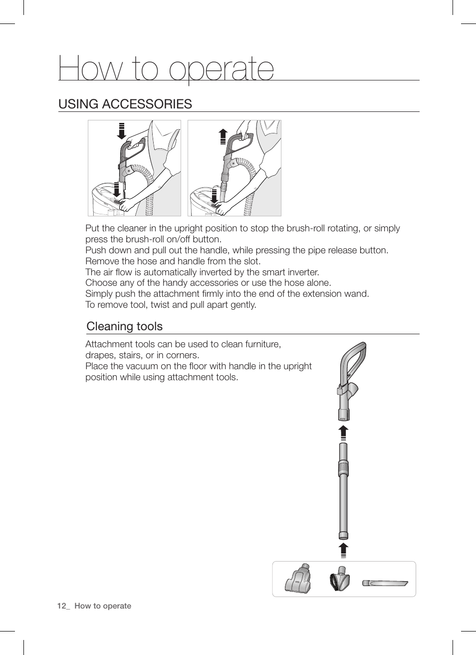 How to operate, Using accessories, Longreach cleaning | Samsung DJ68-00264B User Manual | Page 12 / 20
