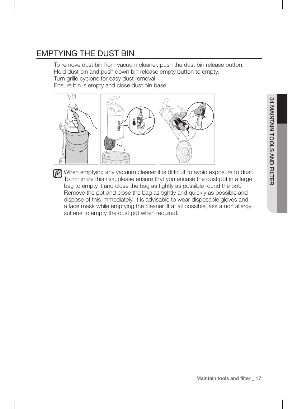 Emptying the dust bin | Samsung DJ68-00264B User Manual | Page 17 / 20