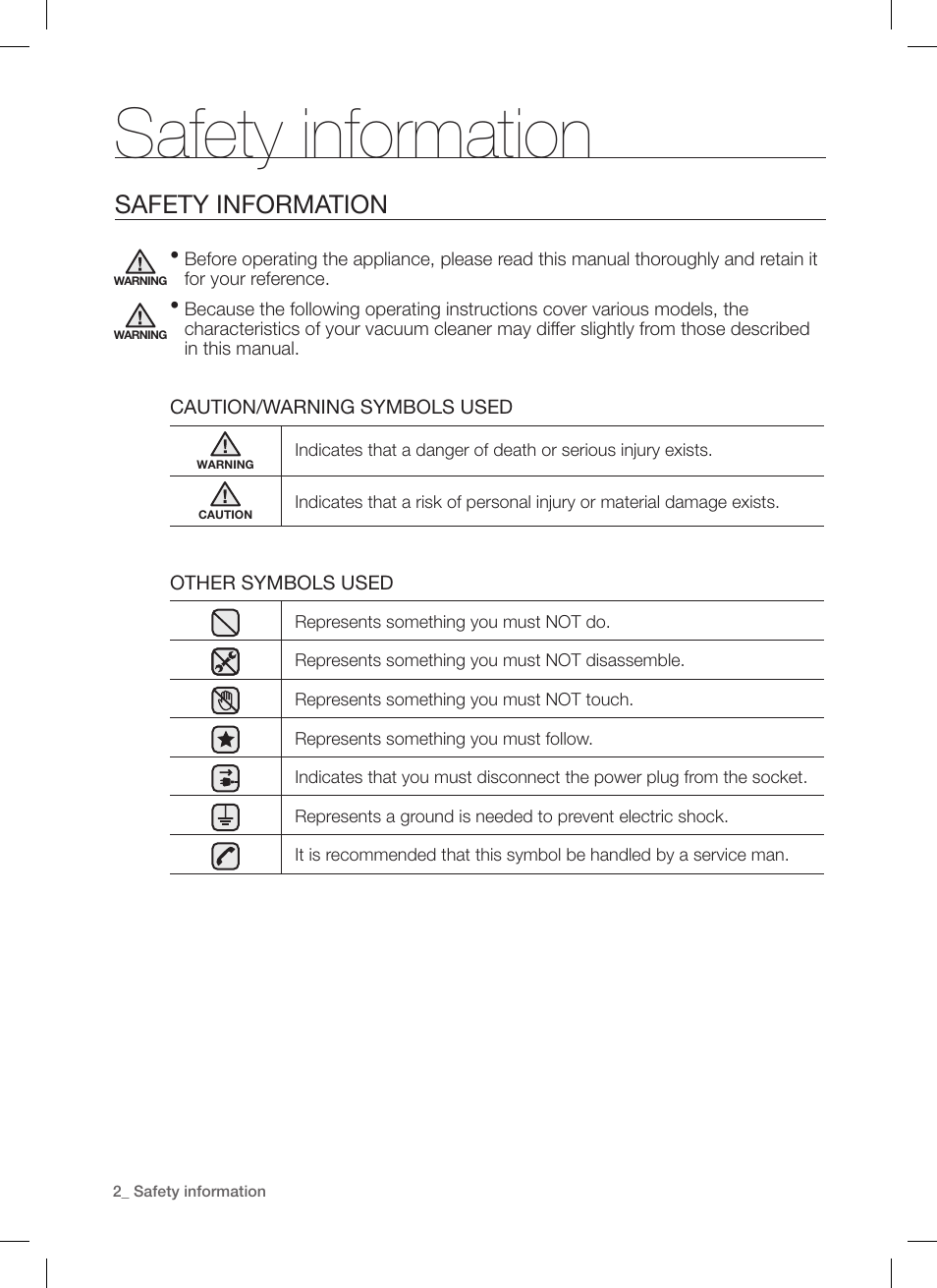 Safety information | Samsung DJ68-00264B User Manual | Page 2 / 20