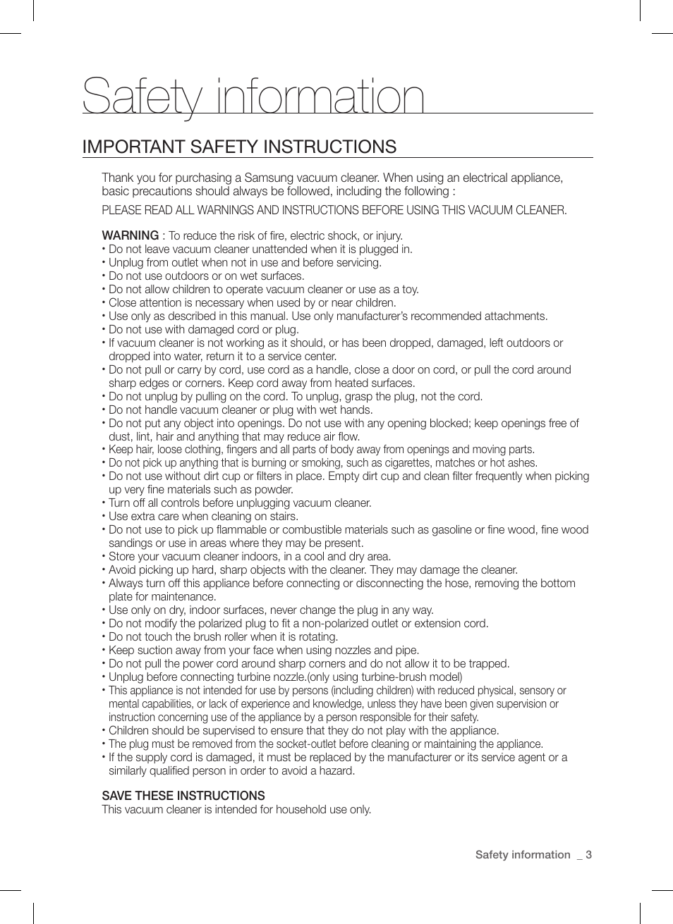 Importaportaportant safety instructions, Safety information, Important safety instructions | Samsung DJ68-00264B User Manual | Page 3 / 20