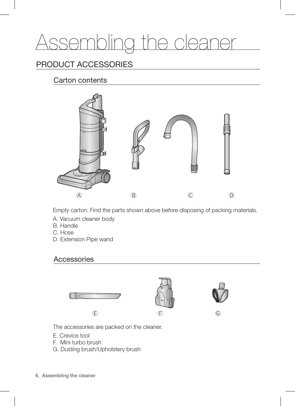 Assembling the cleaner, Product accessories | Samsung DJ68-00264B User Manual | Page 6 / 20