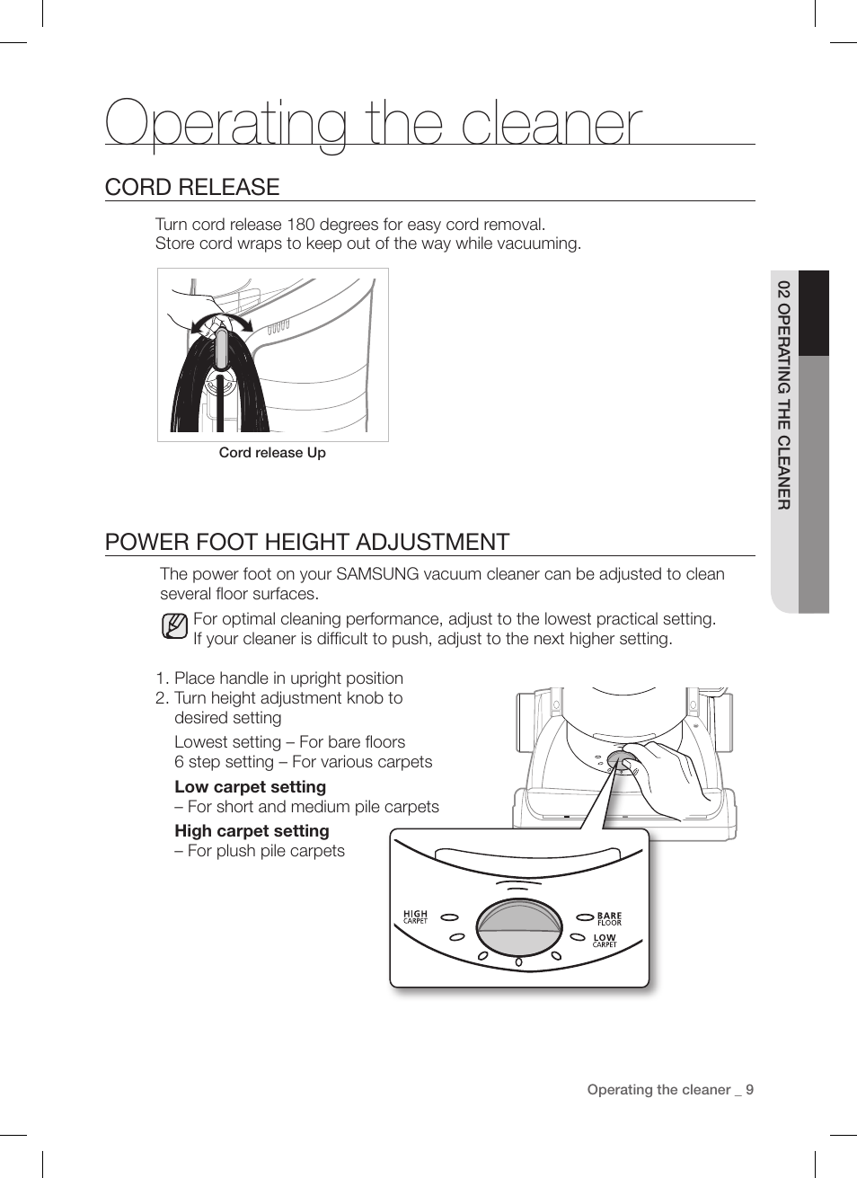 Operating the cleaner, Cord release, Power foot height adjustment | Samsung DJ68-00264B User Manual | Page 9 / 20