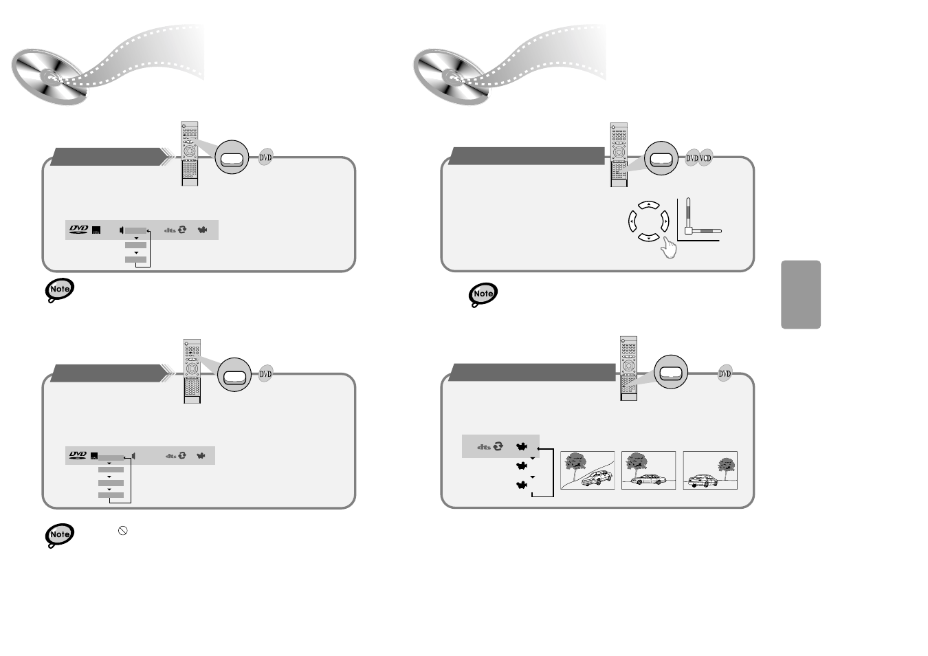 Selecting the audio language/subtitle language, Zoom/angle functions, Selecting the audio language | Selecting the subtitle language, Selecting the desired screen angle | Samsung HT-SK6 User Manual | Page 14 / 25