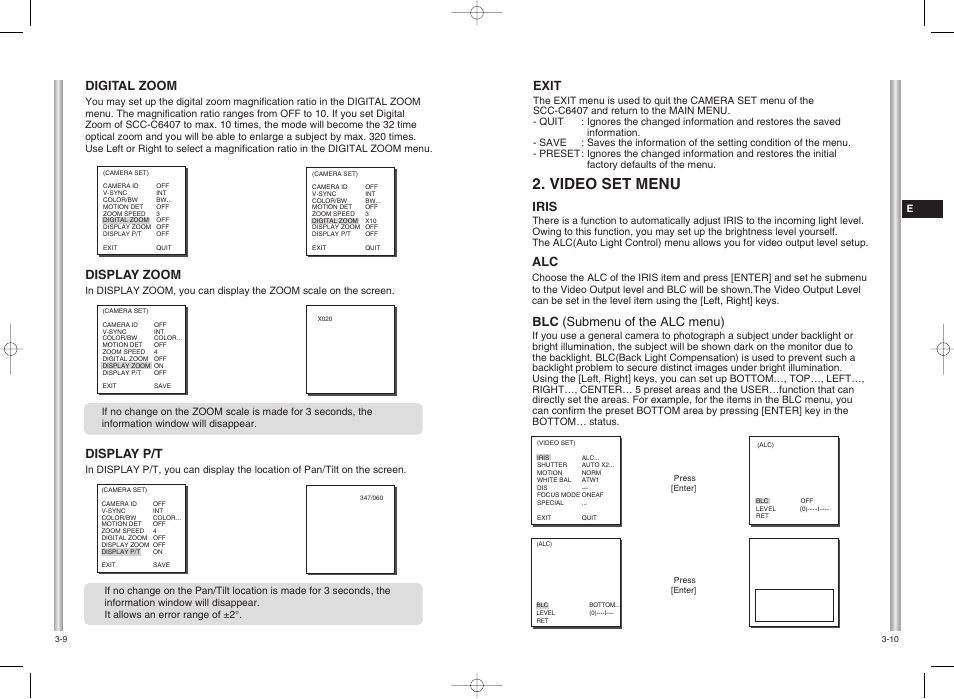 Video set menu, Exit, Digital zoom | Display zoom, Iris, Blc (submenu of the alc menu), Display p/t | Samsung SMART DOME SCC-C6407 User Manual | Page 18 / 31