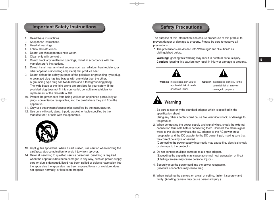 Important safety instructions safety precautions, Warning | Samsung SMART DOME SCC-C6407 User Manual | Page 2 / 31