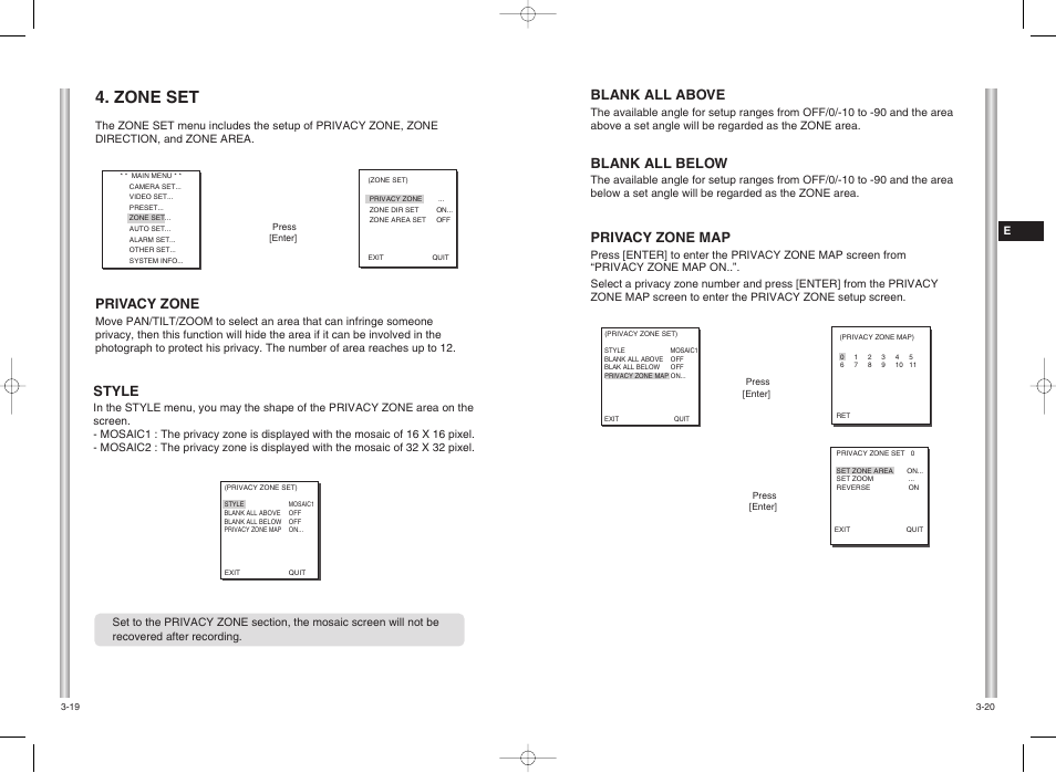 Zone set, Blank all below, Privacy zone map | Blank all above, Style, Privacy zone | Samsung SMART DOME SCC-C6407 User Manual | Page 23 / 31