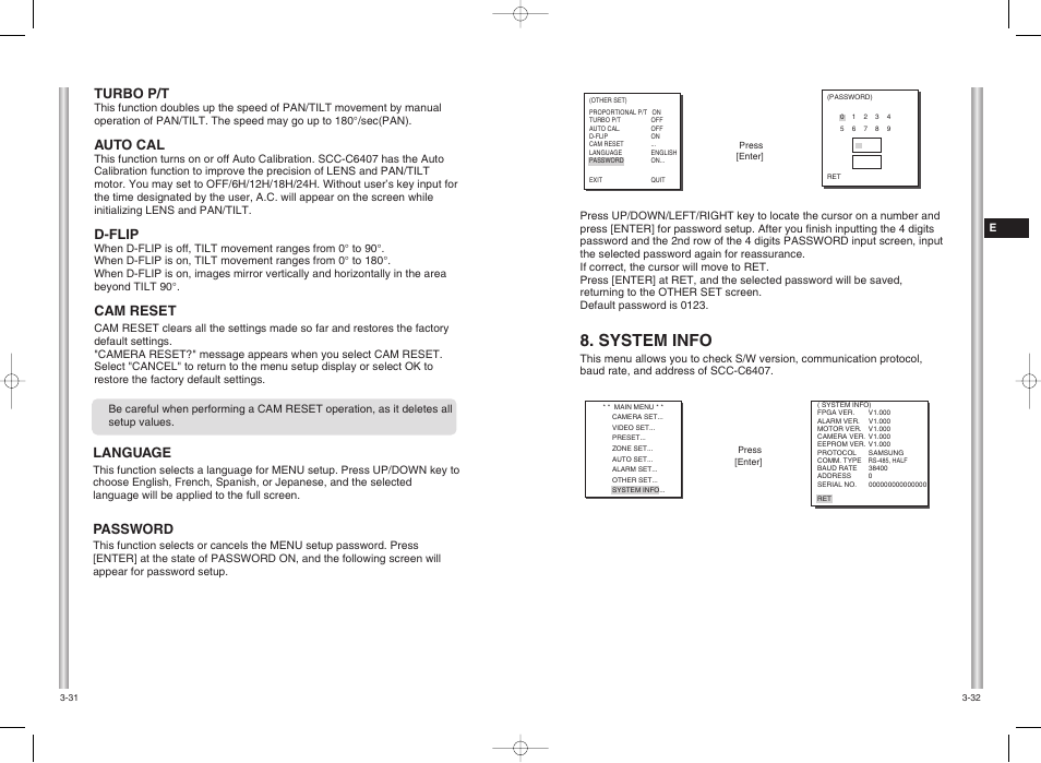 System info, Turbo p/t, Auto cal | D-flip, Cam reset, Language, Password | Samsung SMART DOME SCC-C6407 User Manual | Page 29 / 31