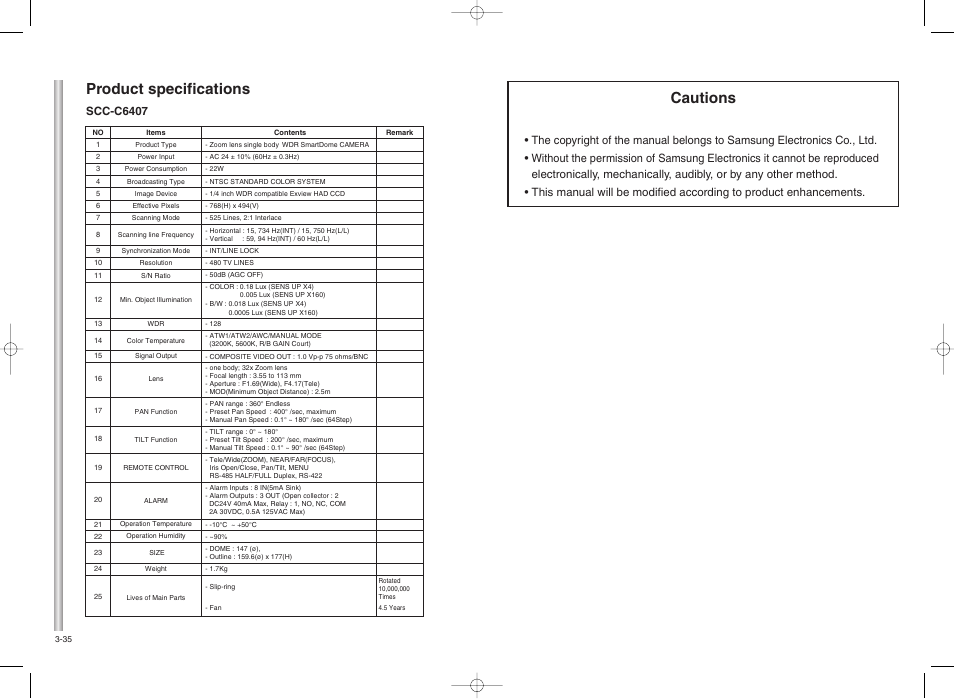Product specifications, Cautions, Scc-c6407 | Samsung SMART DOME SCC-C6407 User Manual | Page 31 / 31