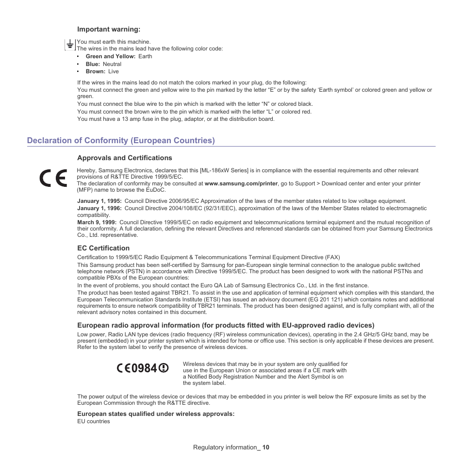 Declaration of conformity (european countries) | Samsung ML-186XW User Manual | Page 10 / 75