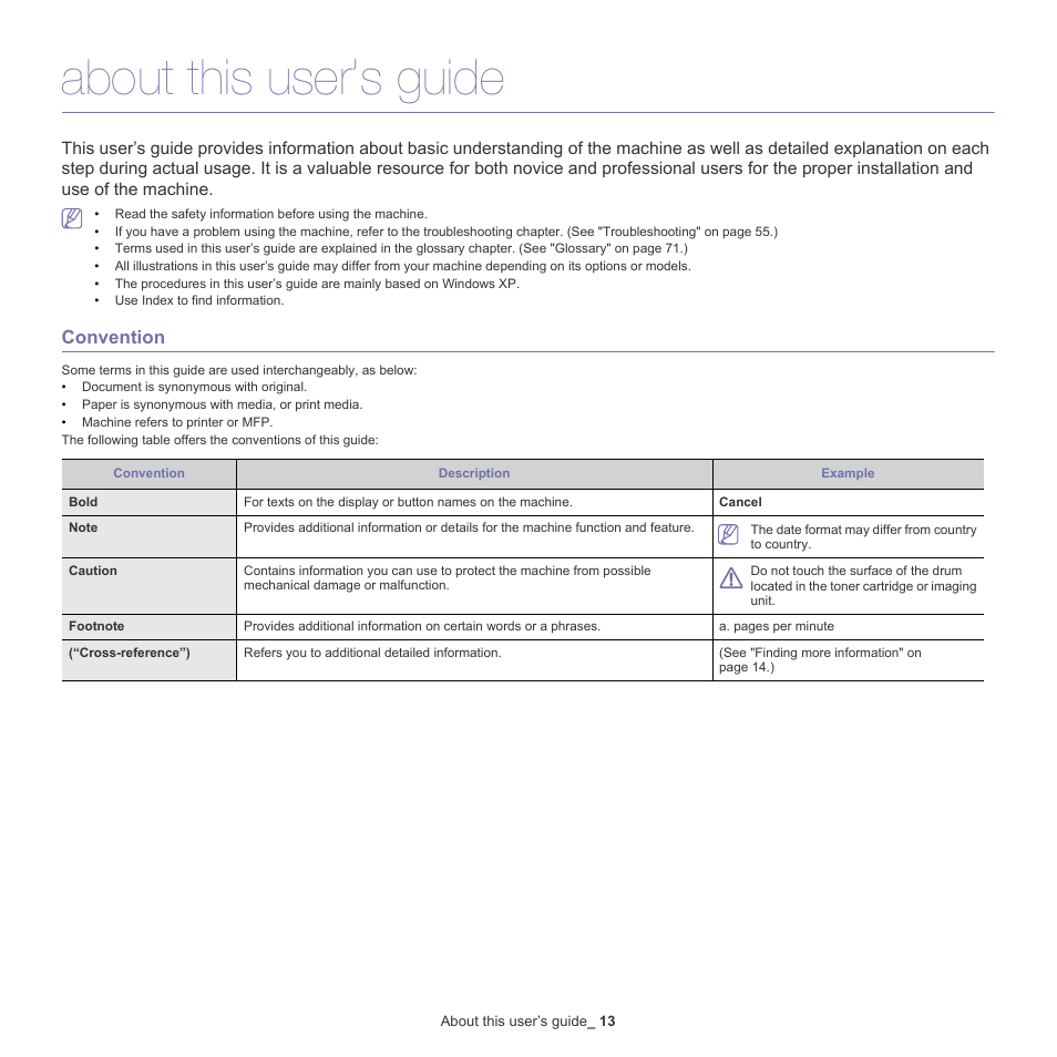 About this user’s guide, Convention | Samsung ML-186XW User Manual | Page 13 / 75