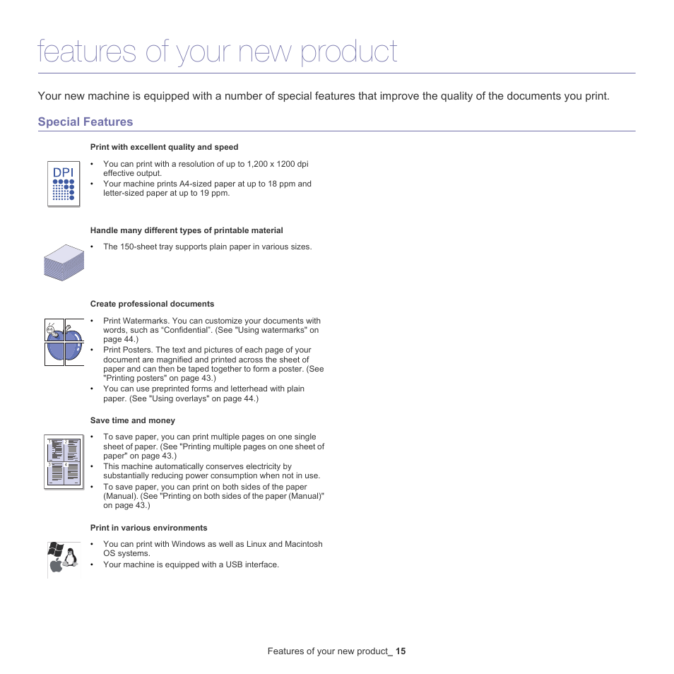 Features of your new product, Special features | Samsung ML-186XW User Manual | Page 15 / 75