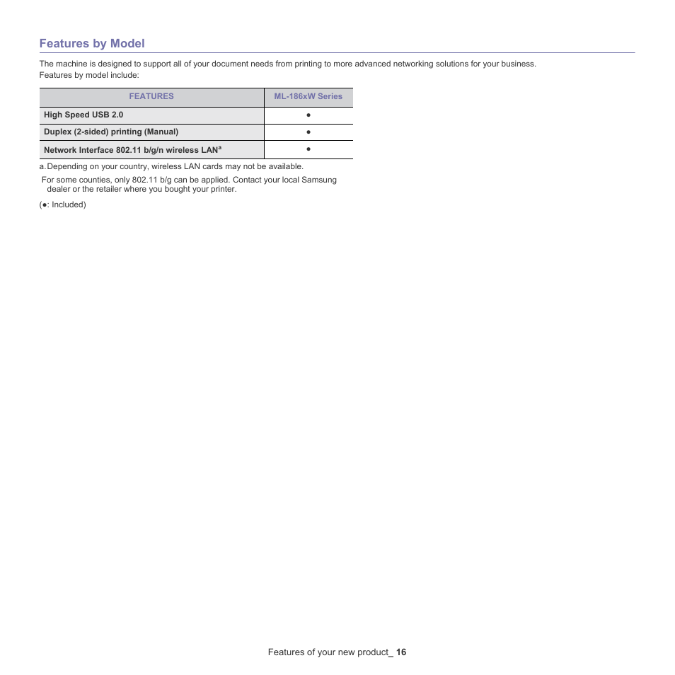 Features by model | Samsung ML-186XW User Manual | Page 16 / 75