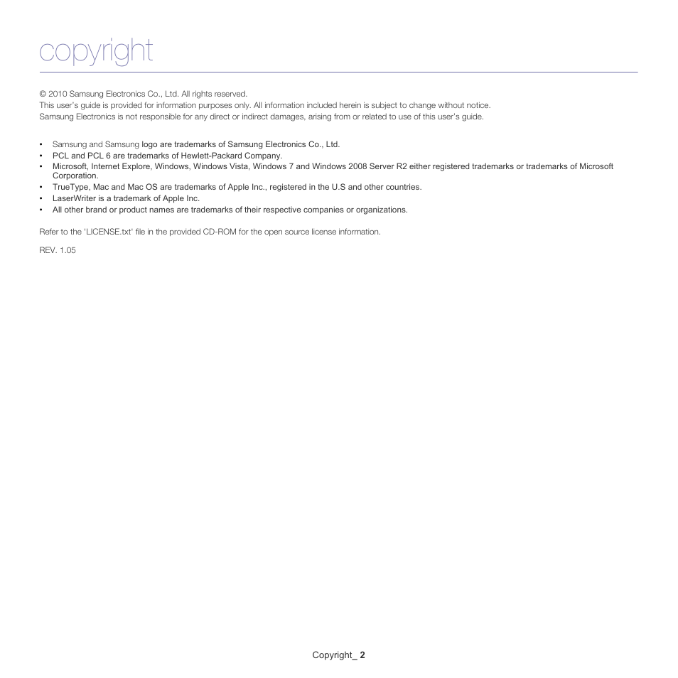 Copyright | Samsung ML-186XW User Manual | Page 2 / 75