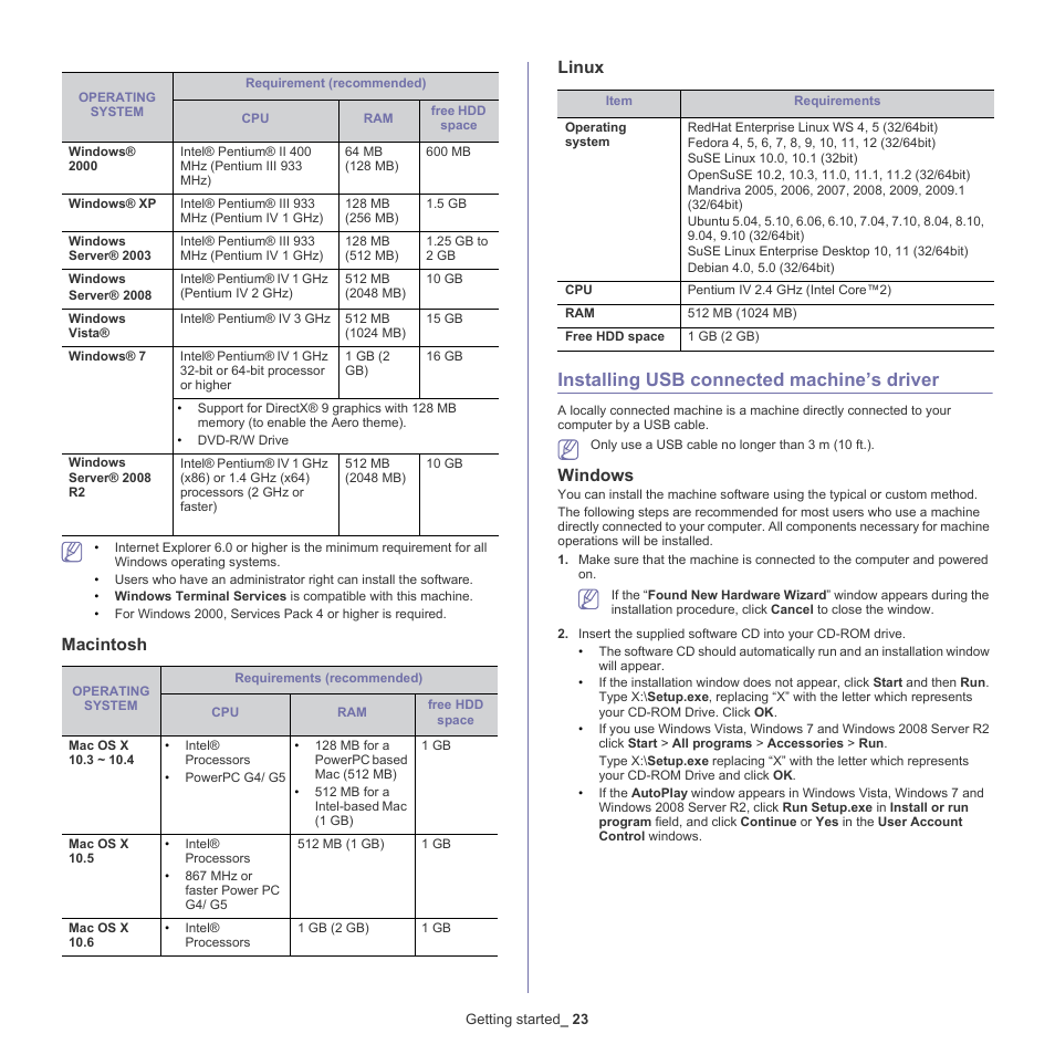 Installing usb connected machine’s driver, Macintosh, Linux | Windows | Samsung ML-186XW User Manual | Page 23 / 75