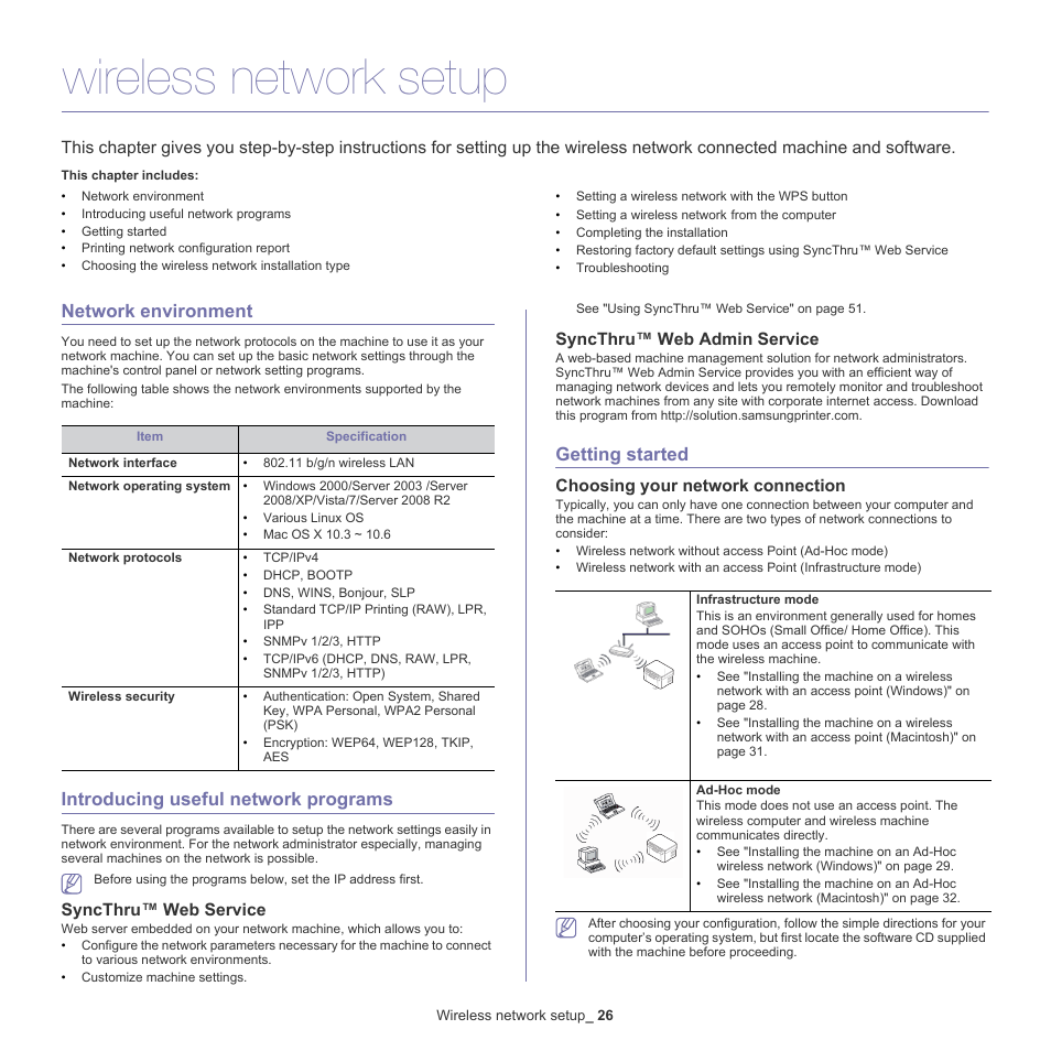Wireless network setup, Network environment, Introducing useful network programs | Getting started, Syncthru™ web service, Syncthru™ web admin service, Choosing your network connection | Samsung ML-186XW User Manual | Page 26 / 75