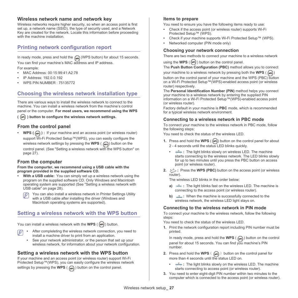 Printing network configuration report, Choosing the wireless network installation type, Setting a wireless network with the wps button | See "setting a wireless network, Wireless network name and network key | Samsung ML-186XW User Manual | Page 27 / 75