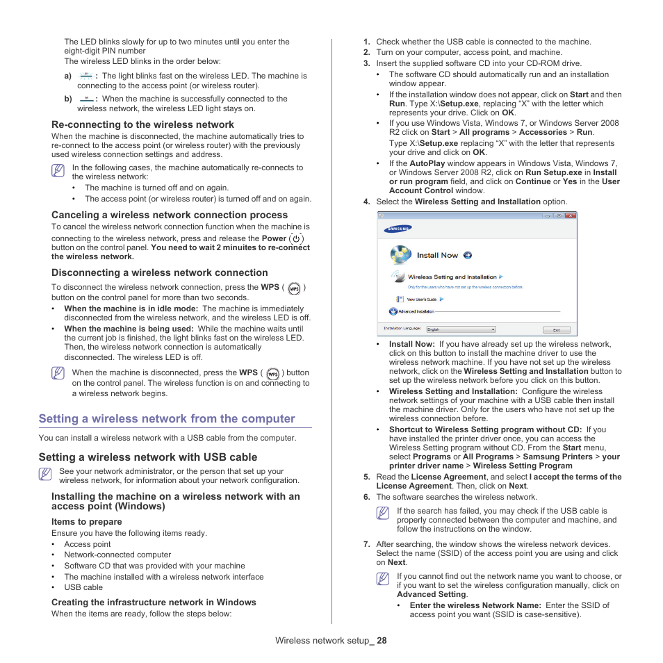 Setting a wireless network from the computer, See "installing the machine on a wireless, Network with an access point (windows)" on | Setting a wireless network with, Setting a wireless network with usb cable | Samsung ML-186XW User Manual | Page 28 / 75