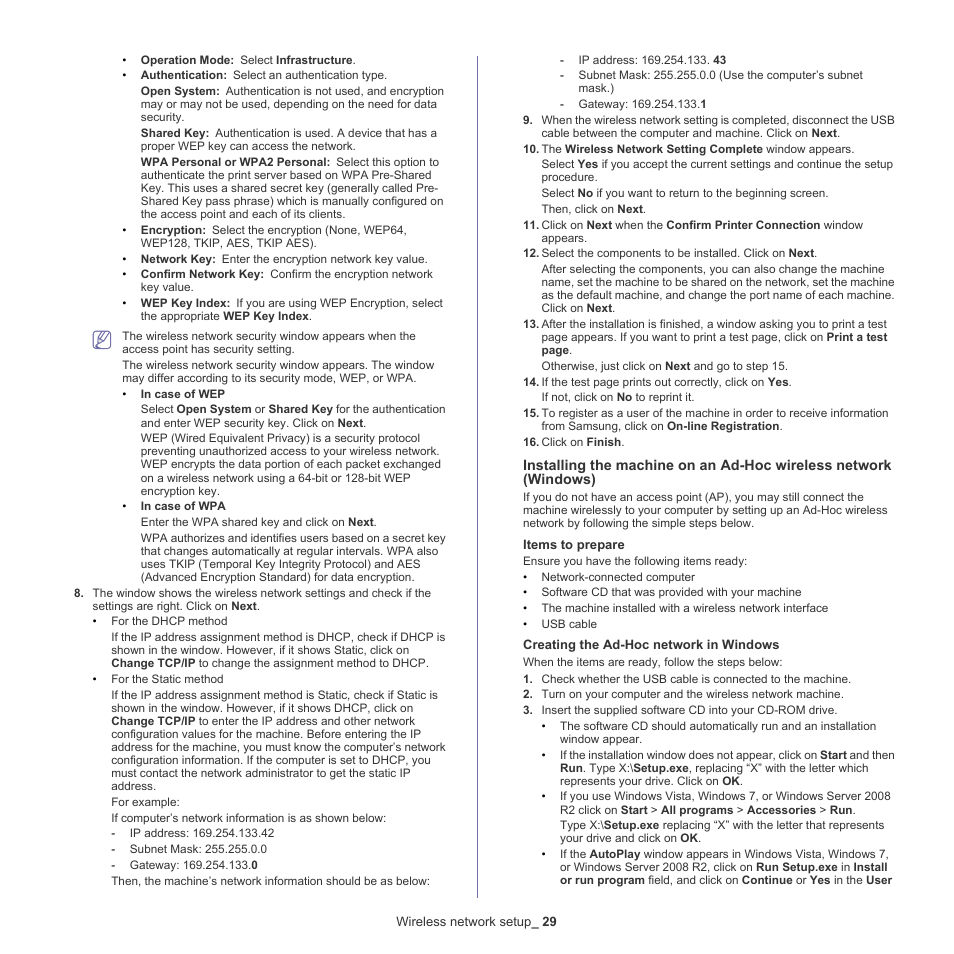 See "installing the machine on an ad-hoc | Samsung ML-186XW User Manual | Page 29 / 75
