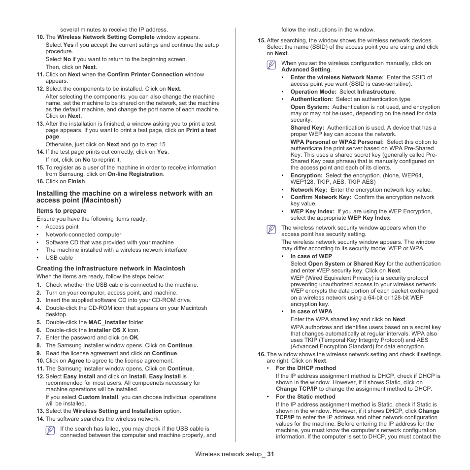 See "installing the machine on a wireless, Network with an access point (macintosh)" on | Samsung ML-186XW User Manual | Page 31 / 75