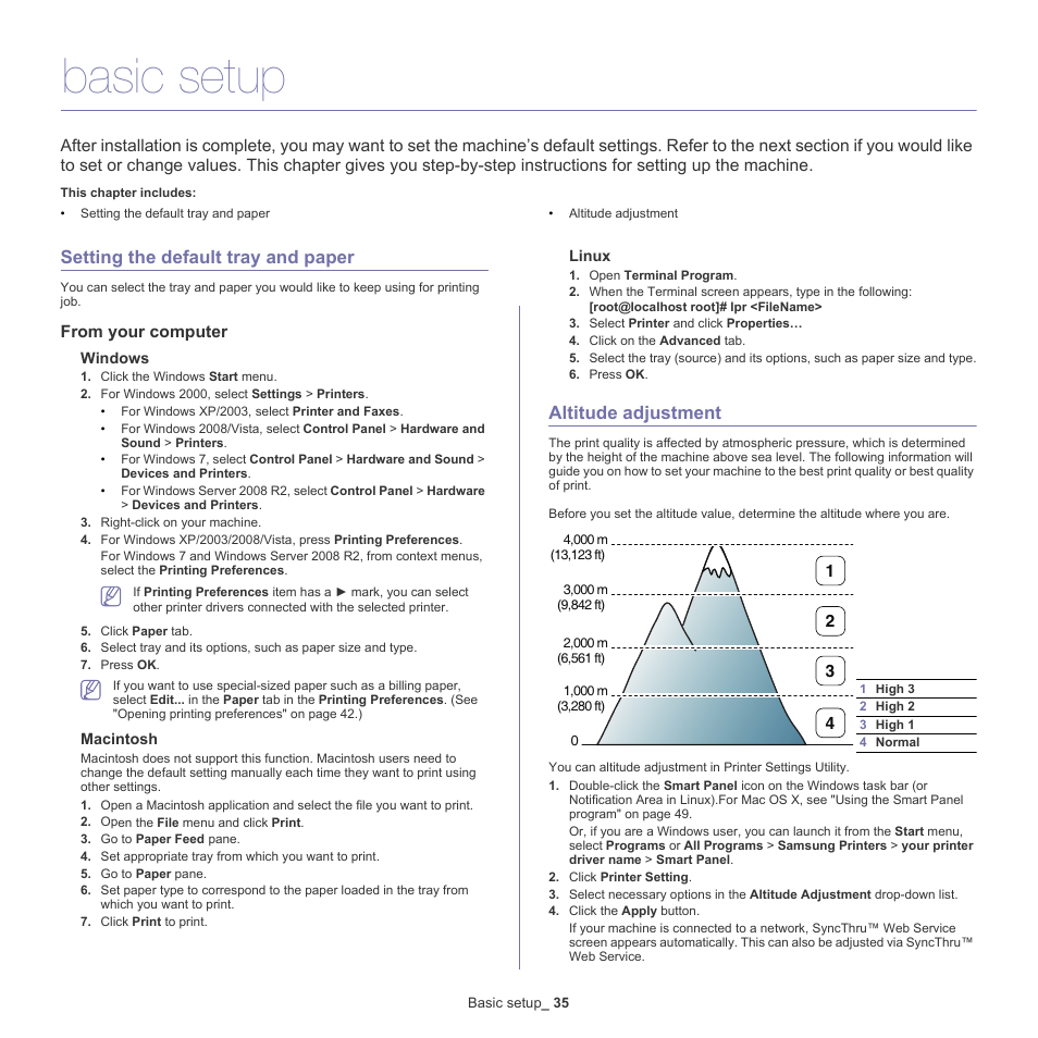 Basic setup, Setting the default tray and paper, Altitude adjustment | Samsung ML-186XW User Manual | Page 35 / 75
