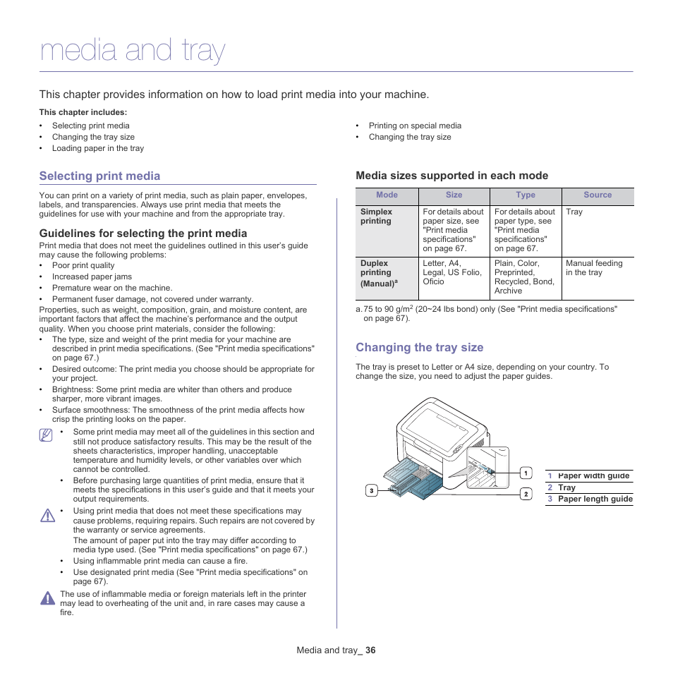 Media and tray, Selecting print media, Changing the tray size | Guidelines for selecting the print media, Media sizes supported in each mode | Samsung ML-186XW User Manual | Page 36 / 75