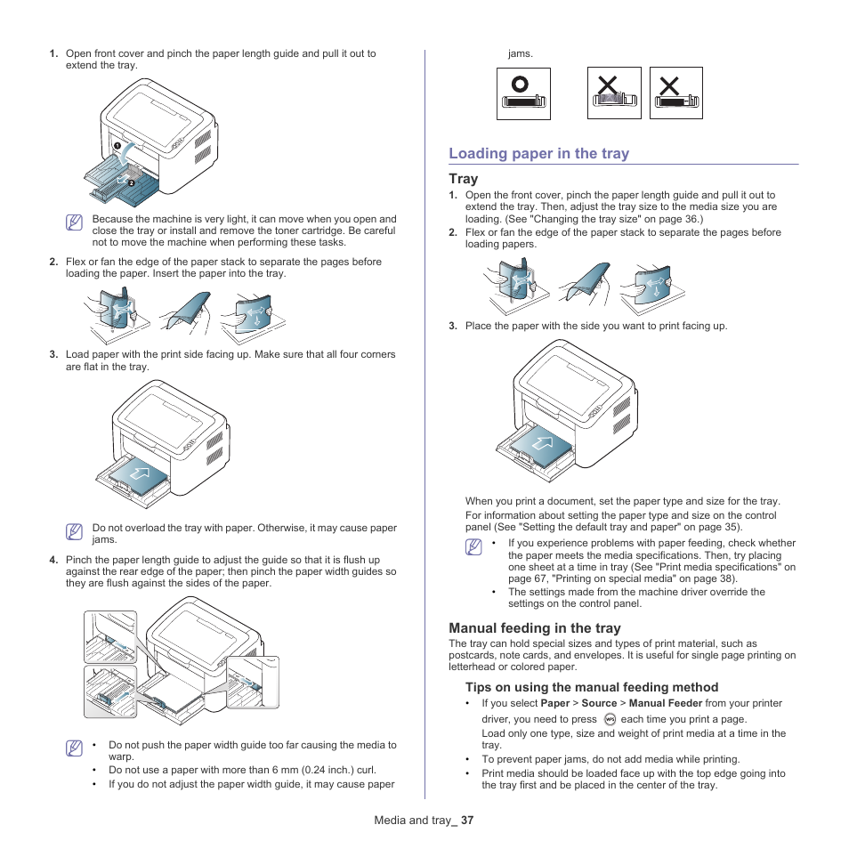 Loading paper in the tray, Tray, Manual feeding in the tray | Samsung ML-186XW User Manual | Page 37 / 75
