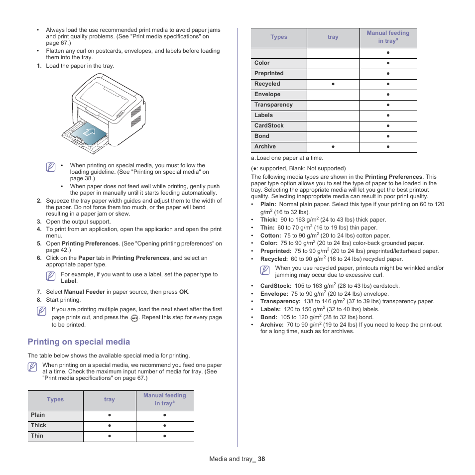 Printing on special media | Samsung ML-186XW User Manual | Page 38 / 75