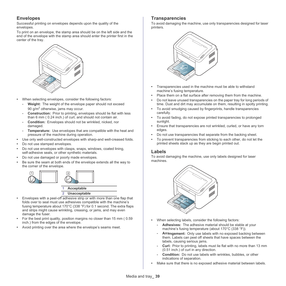 Envelopes, Transparencies, Labels | Samsung ML-186XW User Manual | Page 39 / 75