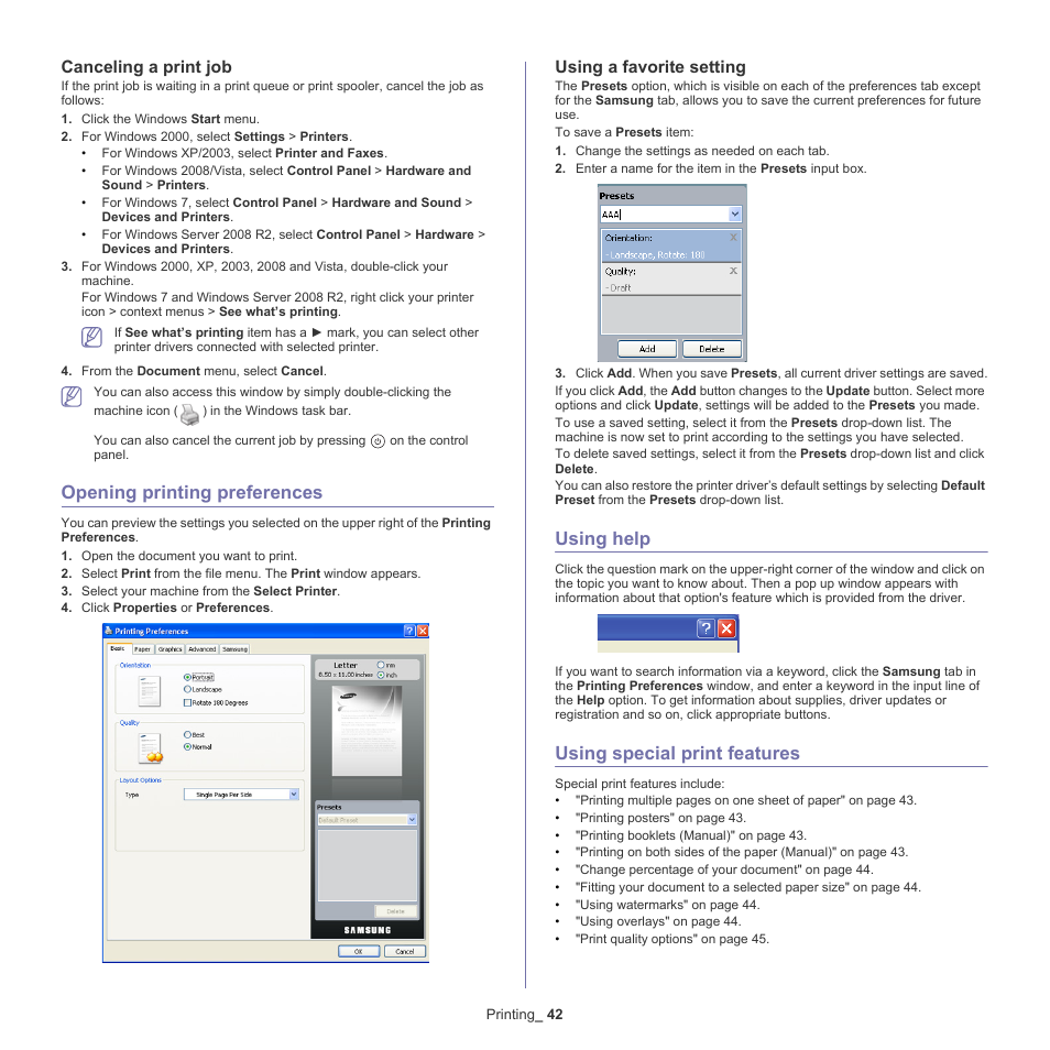 Opening printing preferences, Using help, Using special print features | Opening printing preferences" on, Opening printing, Canceling a print job, Using a favorite setting | Samsung ML-186XW User Manual | Page 42 / 75