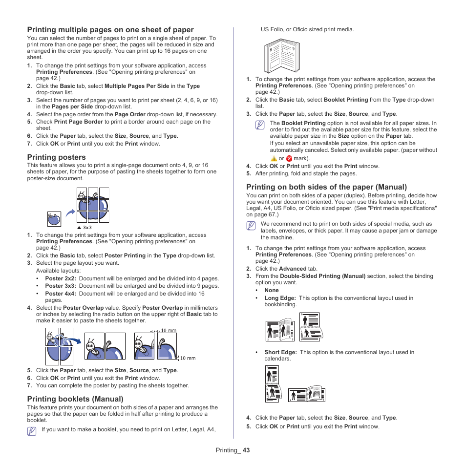 Printing on both sides of the paper (manual), Printing multiple pages on one sheet of paper, Printing posters | Printing booklets (manual) | Samsung ML-186XW User Manual | Page 43 / 75
