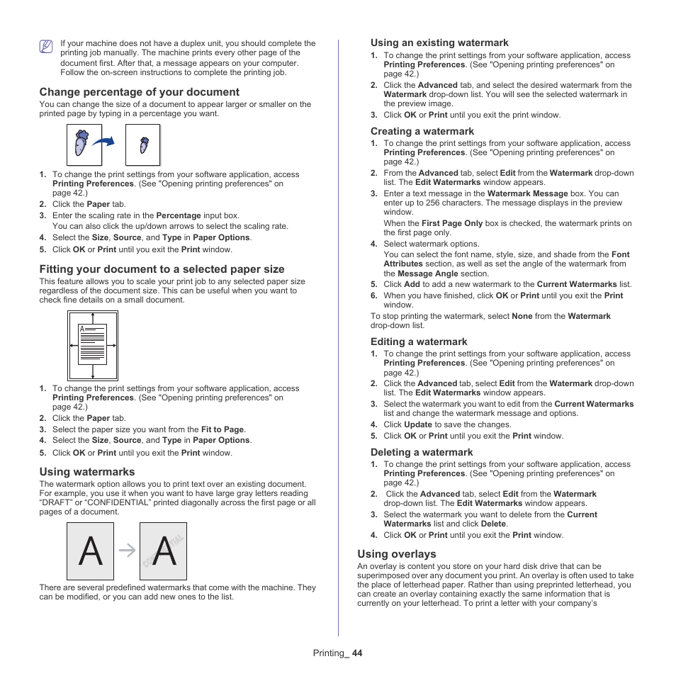 Using watermarks" on, Change percentage of your document, Fitting your document to a selected paper size | Using watermarks, Using overlays | Samsung ML-186XW User Manual | Page 44 / 75