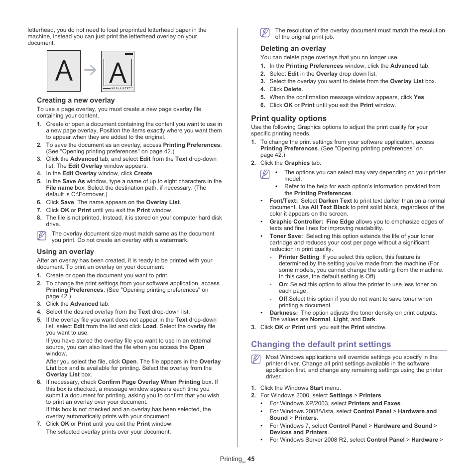 Changing the default print settings, Print quality options | Samsung ML-186XW User Manual | Page 45 / 75